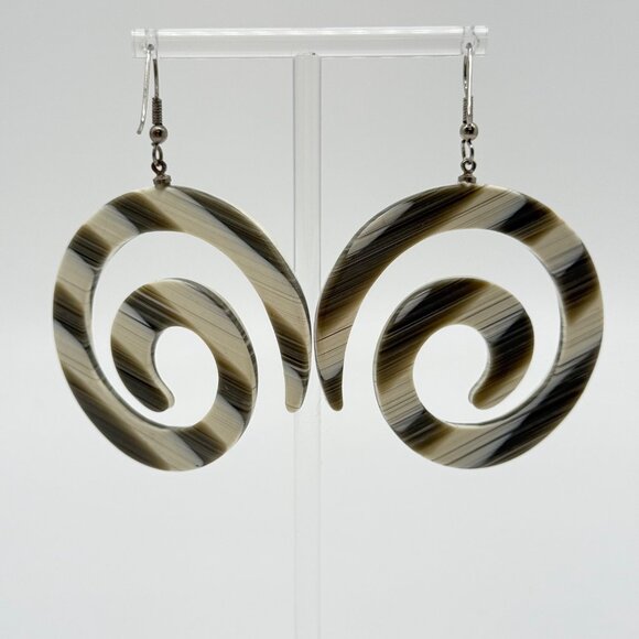 Vintage Swirl Resin Acrylic Spiral Dangle Earrings Statement Olive Off White - Picture 5 of 7